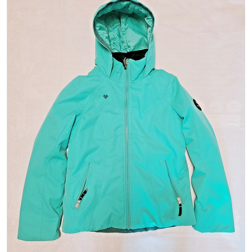 Obermeyer Teen Girls Ski Jacket Medium 10-12 Aqua Hooded Winter Snow Coat
